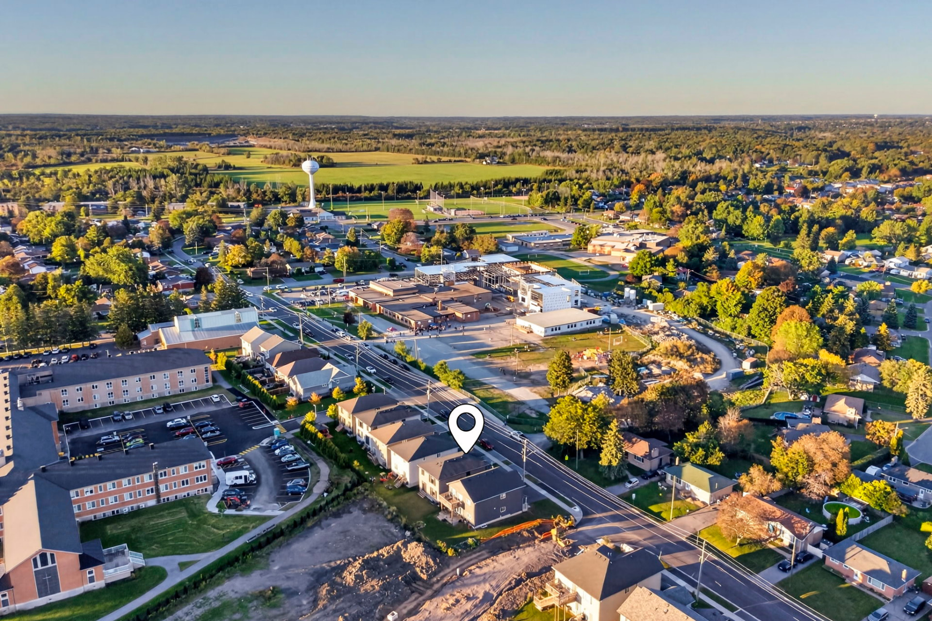 Aerial view of the neighbourhood with the home marked